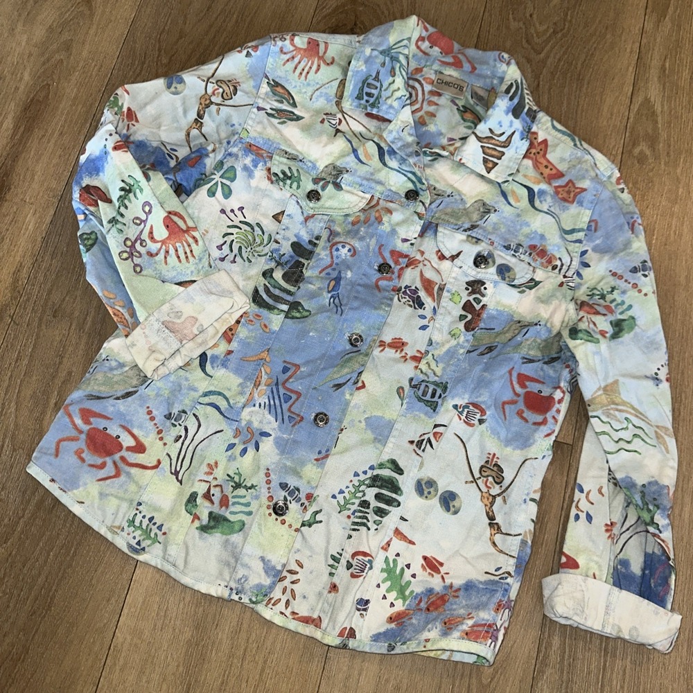 Chico's Top Jacket Whimsical Sea Life Nautical Print Blue Linen Cotton Woman's 1